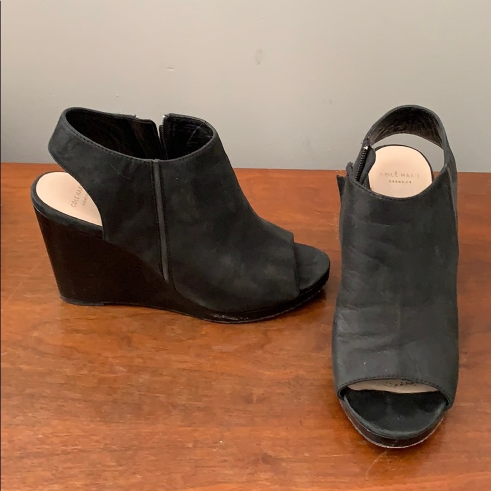 Cole Haan black leather peep toe wedge